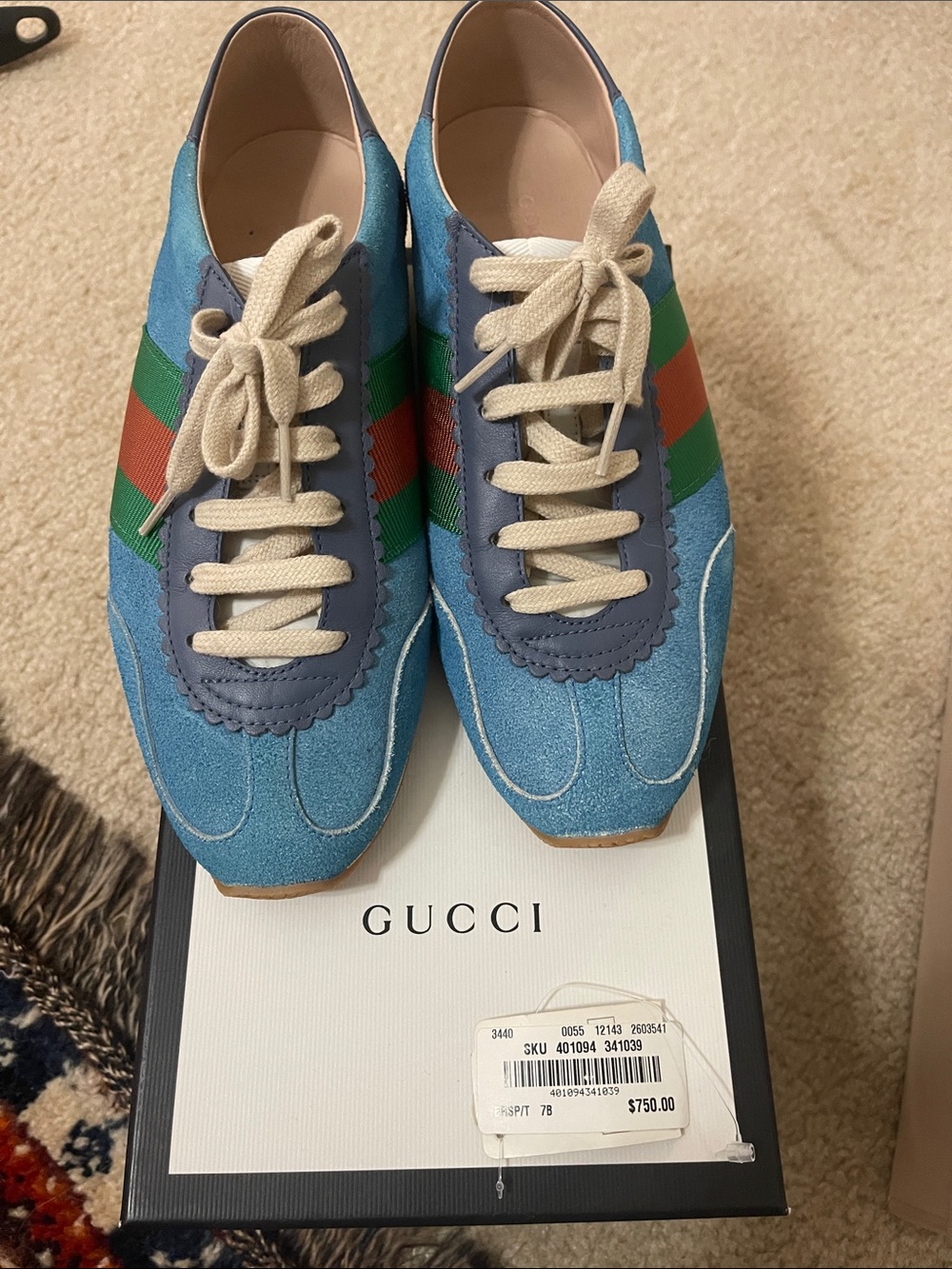 Gucci Light Blue Suede Low-Profile Sneakers with Green and Red Web
